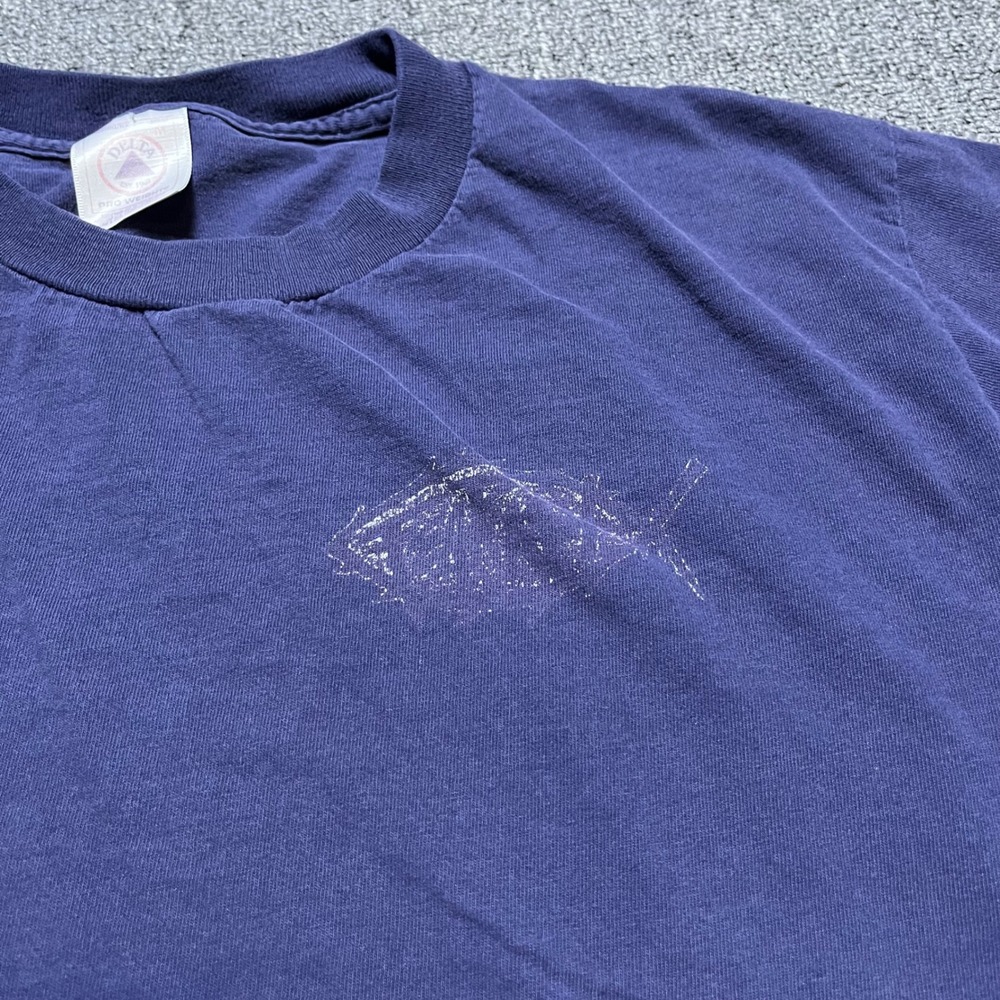 Vintage Delta Pro Weight T-Shirt Size M Blue Fish Graphic Distressed 90s Grunge - Picture 7 of 10